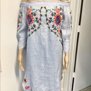 Embroidered light blue linen midi dress